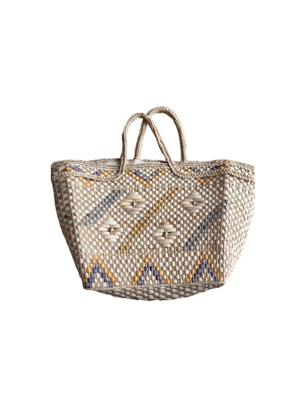 Woven Straw Tote Bag Blue Mustard Geometric Beach Vintage Style - Picture 14 of 14